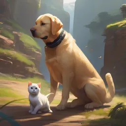 tiny cat riding a labrador, cat on top of dog, concept art, artstation, trending on Instagram, Twitter