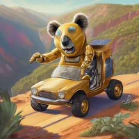 A robot is roaring on a koala on a mountaintop during a solar eclipse while driving a golden car.