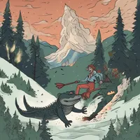 A vampire is jumping on a crocodile amidst lush greenery in the light of a bonfire while skiing down a snowy mountain.