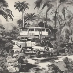 Tropical Island with a vintage style, creating a playful mood in a adventurous theme, featuring monochrome color.