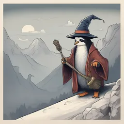 A wizard is singing on a penguin on a mountaintop on a foggy day while soaring on a magical broomstick.