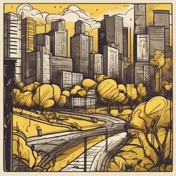 a icon of urban park with a doodle style, creating a mysterious mood in a vintage theme, featuring yellow color.