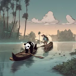 A time traveler is jumping on a panda on a deserted island at twilight while rowing a wooden canoe.