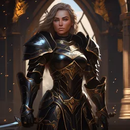 painting full body of a beautiful female paladin with striking eyes, dark obsidian black armor, dof, shining light from above by felipe kimio trending on artstation