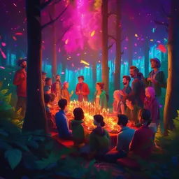scene from a party with 1 0 people in the forest, vibrant colours, beautiful, digital art, winning award masterpiece, cinematic lighting, trending on artstation, 8 k