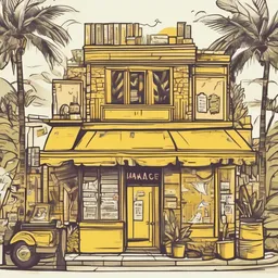 a icon of vintage bookstore with a doodle style, creating a playful mood in a tropical theme, featuring yellow color.