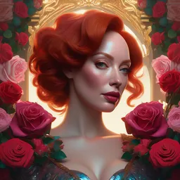 portrait of christina hendricks with roses, baroque, roses, intricate abstract upper body intricate artwork, by tooth wu, wlop, beeple, dan mumford. concept art, octane render, deviantart, greg rutkowski, cinematic arthouse, key art, hyper realism, iridescent accents
