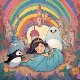 A princess is sleeping on a penguin in a secret cave during a rainbow while soaring on a magical broomstick.