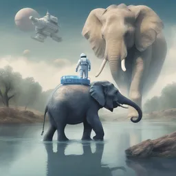 An astronaut is jumping on a elephant by a tranquil river on a foggy day while flying a blue spaceship.