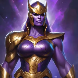 thanos as a muscular woman, highly detailed portrait, elegant, breathtaking art, by artgerm