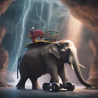 A time traveler is exploring on a elephant in a secret cave during a thunderstorm while skating on a hoverboard.
