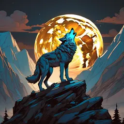 a wolf standing on a moutain, howling to a full moon shining bright, thunderstrikes, epic, dramatic lighting, in a fantasy world, highly detailed, crystal lighting, hyperrealistic, trending on artstation, unreal engine, magical, by joe fenton, by greg rutkowski, by greg tocchini, by kaws, by kate beaton, by kaethe butcher