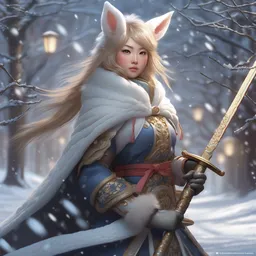 whimsical fluffy usagi warrior of hiyabusa square, scarf, cape, sword and shield, light snow, close up, details, sharp focus, elegant, highly detailed, illustration, by jordan grimmer greg rutkowski wlop maya takamura, intricate, trending artstation, pixiv, digital art