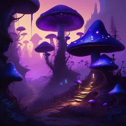 concept art detailed painting of a dark purple fantasy fairytale fungal town made of mushrooms, with glowing blue lights, in the style of jordan grimmer and neil blevins and wayne barlowe