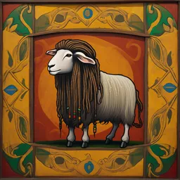 a medieval wall painting of a Rastafarian sheep with dreadlocks, trending on artstation