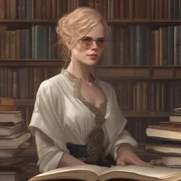 the librarian, nicole kidman, fame of thrones, fibonacci, sweat drops, intricate fashion clothing, insane, intricate, highly detailed, surrealistic, digital painting, artstation, concept art, smooth, sharp focus, illustration, unreal engine 5, 8 k, art by artgerm and greg rutkowski and alphonse mucha