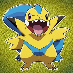 a blue and yellow pokemon character with its mouth open