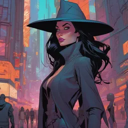 Tall beautiful slender female witch with dark hair, futuristic, alien cityscape, artstation, graphic novel, colourful, 2D matte, art by Stanley Artgerm David Rubín, Mike Mignola, Laurie Greasley,