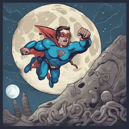 A superhero is pouncing on a octopus on a big stone under the full moon while flying a blue spaceship.