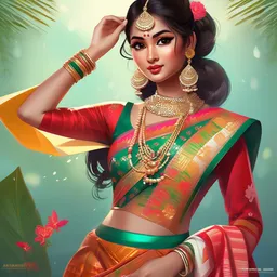 fashion designing airbrush art by Krenz Cushart of a beautiful cute girl wearing modern stylish costume in the style of Assamese bihu mekhela sador gamosa design, slim female figure, elegant glamourous cosplay, exotic, ornamental, intricate, sensual pose, medium shot, mid-shot, highly detailed, trending on Artstation, featured on pixiv, golden ratio, sharp focus, cinematic lighting