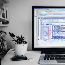 A programmer's workspace with dual monitors and code