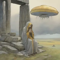 a realistic and atmospheric watercolour fantasy concept art of a golden ufo landing on top of stonehenge. female medieval monk in grey robes kneeling with her hands by her sides. by rebecca guay, michael kaluta, charles vess and jean moebius giraud
