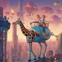 A princess is exploring on a giraffe in a bustling city at twilight while flying a blue spaceship.