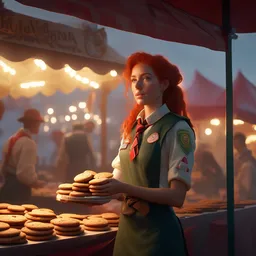 cinematic shot epic portrait an female scout selling cookies on a cookie booth, sweaty skin, flowing red hair, tie, broad light, ambient occlusion, volumetric light effect, made by ivan aivazovsky, peter mohrbacher, greg rutkowski, matte painting, trending on artstation, 4 k, perfectly defined features, digital painting, cinematic, epic, highly detailed,