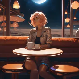 full body picture of a space girl sitting in the moon cafe, bored, coveted, beautiful and aesthetic, intricate, unreal engine, messy hair, highly detailed, detailed face, smooth, sharp focus, chiaroscuro, manga illustration, artgerm, greg rutkowski, ilya kuvshinov, rossdraws, alphonse mucha, young adult light novel cover art