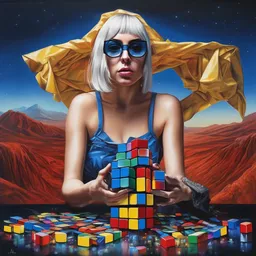 painting of lady gaga playing with rubik's cube, blue rain, awe inspiring, night, volcanic landscape, masterpiece, sharp focus, 8 k high definition, insanely detailed, art by alessando baldasseroni, jeremy bennett, john liberto, angelina stroganova
