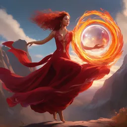 A woman floats in midair, encircled by a ring of fire. She wears a crimson gown and her hair is wild and flowing. In her hands she holds a staff adorned with a large crystal ball, super coherent, trending on artstation, female, magic, by Lulu Chen and Mandy Jurgens
