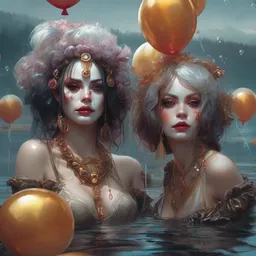 a portrait of a group of female clown sorceress with balloons bathing in a lake by karol bak and jia ruan, beautiful detailed eyes, cute, fantasy, intricate, elegant, highly detailed, digital painting, 4 k, hdr, concept art, detailed jewelry, smooth, sharp focus, illustration, art by artgerm