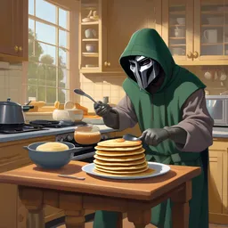 mf doom making pancakes, animation pixar style, pendleton ward, magali villeneuve, artgerm, rob rey and kentaro miura style, golden ratio, behance, trending on art station