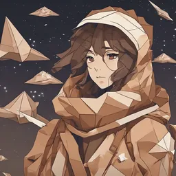 a icon of anime adventure with a origami style, creating a mysterious mood in a space theme, featuring brown color.