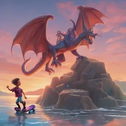 A dragon is diving on a octopus on a big stone at dawn while skating on a hoverboard.