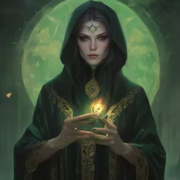 a close - up portrait of a hauntingly beautiful sorceress wearing a black robe with gold embroidery, casting a spell, green glows, painted by artgerm and tom bagshaw, highly detailed digital art