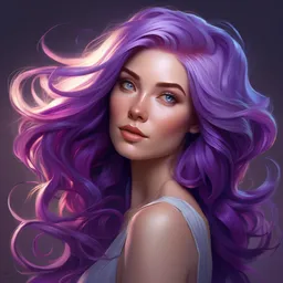 Purple hair relistic Portrait of a woman with bright colored flying hair, all shades of purple. Hair coloring, long hair, blue eyes, fantasy, intricate, elegant, highly detailed, digital painting, artstation, concept art, smooth, sharp focus, illustration, art by artgerm and greg rutkowski and alphonse mucha