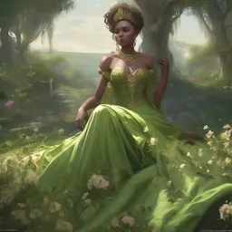 venus, the empress, wearing a magnificent dress, sitting on a divan in the middle of a beautiful green plains full of little flowers. intricate, elegant, highly detailed, digital painting, artstation, concept art, sharp focus, illustration, by justin gerard and artgerm, 8 k