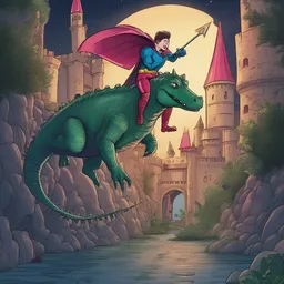 A superhero is climbing on a crocodile in a mysterious castle at night while galloping on a mythical unicorn.