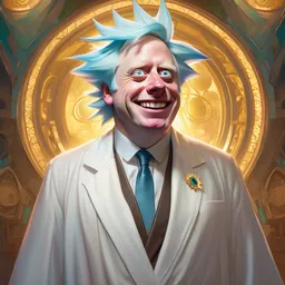 Boris Johnson as smiling Rick Sanchez from Rick and Morty, unibrow, white robe, big eyes, realistic portrait, symmetrical, highly detailed, digital painting, artstation, concept art, smooth, sharp focus, illustration, cinematic lighting, art by artgerm and greg rutkowski and alphonse mucha