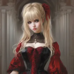 misa amane, gothic black and red dress, blonde hair. by rembrandt, ( ( konstantin razumov ) ), artgerm