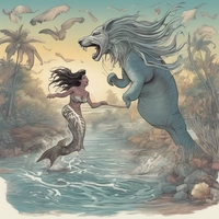 A mermaid is roaring on a zebra on a deserted island in the morning while soaring on a magical broomstick.