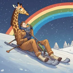 A detective is sleeping on a giraffe under the starry sky during a rainbow while skiing down a snowy mountain.