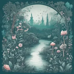 a icon of enchanted garden with a chalkboard style, creating a mysterious mood in a natural theme, featuring teal color.