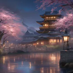 a beautiful picture of sakura in full bloom, palace, evening, night, by greg rutkowski and thomas kinkade, trending on artstation