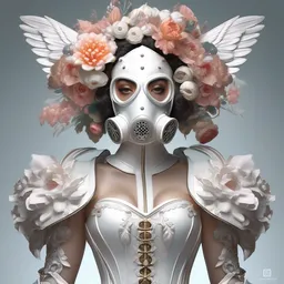A masterpiece ultrarealistic ultradetailed portrait of a Incredibly beautiful angel armored princess knight IN INCREDIBLE ceramic GAS MASK WITH FLOWERS and swarovski crystals. baroque renaissance. in the forest. White amazing corset. medium shot, intricate, elegant, highly detailed. trending on artstation, digital art, by Stanley Artgerm Lau, WLOP, Rossdraws, James Jean, Andrei Riabovitchev, Marc Simonetti, Yoshitaka Amano. background by James Jean and Gustav Klimt, light by Julie Bell, 4k, porcelain skin