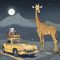 A ghost is running on a giraffe on a mountaintop at night while driving a golden car.