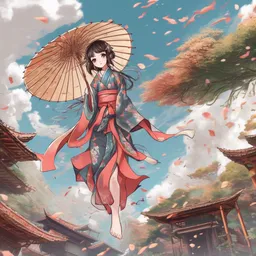 a kawaii girl is flying in the sky wearing a kimono and a bamboo umbrella, art by vofan, manga cover, highly detailed, incredible quality, trending on artstation
