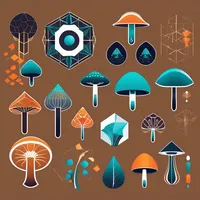 Design a bold and eye-catching logo for a technology company specializing in vector graphics. Incorporate geometric elements inspired by sacred mushrooms to convey innovation and creativity. Use contrasting colors on a dark background for a sleek and modern look.