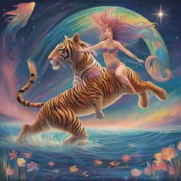 A mermaid is dancing on a tiger under the starry sky during a rainbow while galloping on a mythical unicorn.